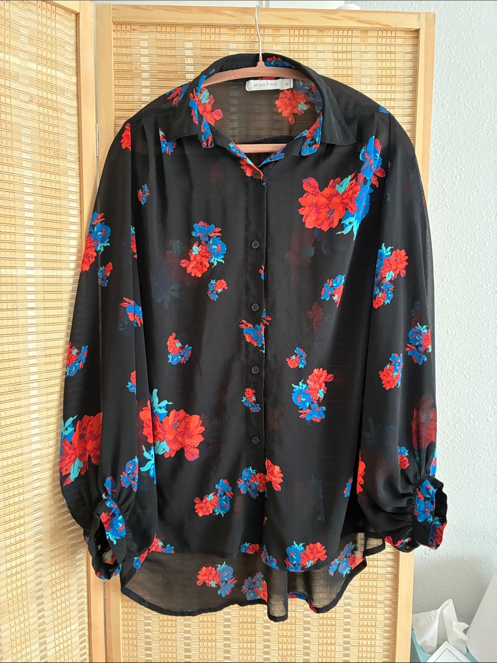 MINKPINK Black Button-Down Blouse with Red & Blue Floral Print